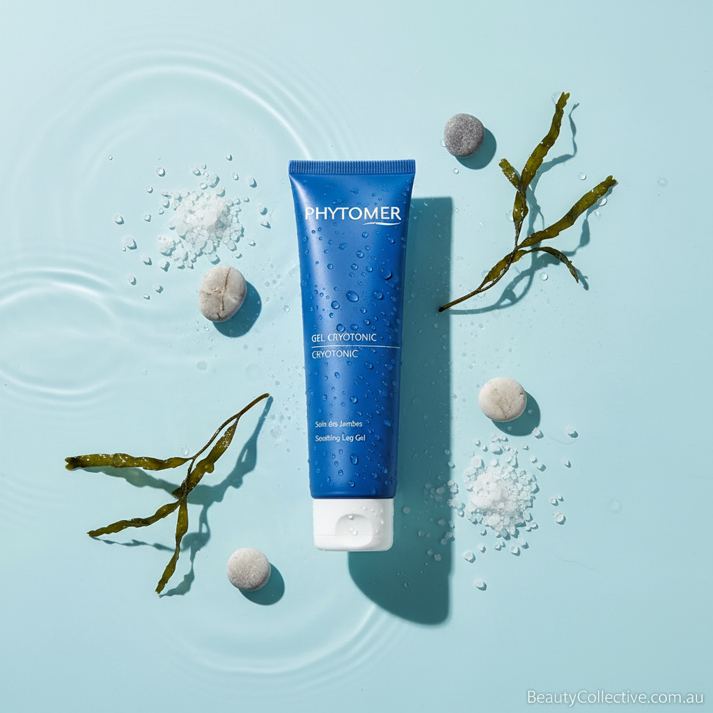 Blue skincare tube with white cap on a light blue background with seaweed and salt crystals.