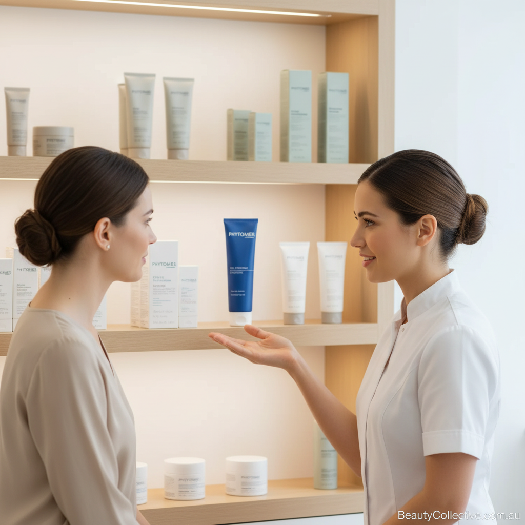 Two women in a beauty store discussing skincare products with shelves in the background.