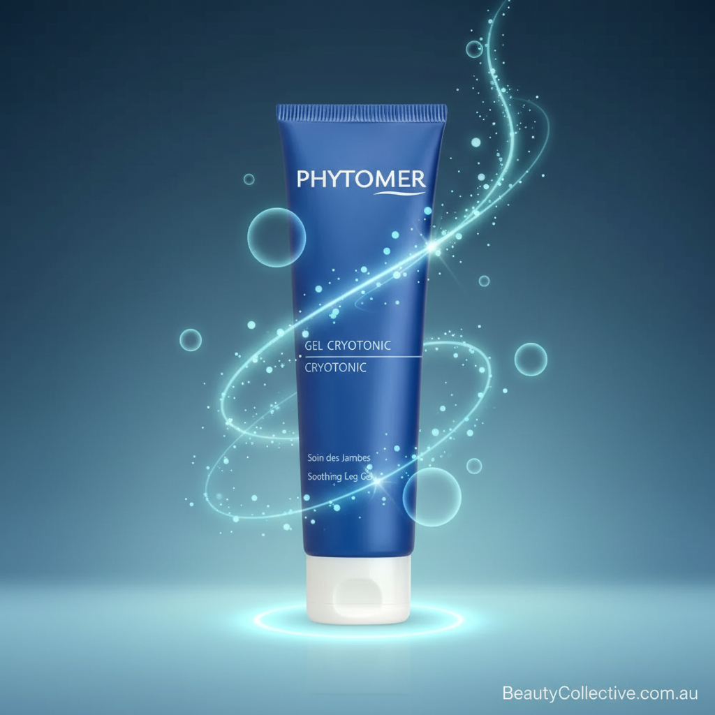 Blue Phytomer gel crytonic tube with glowing effects on a dark blue background