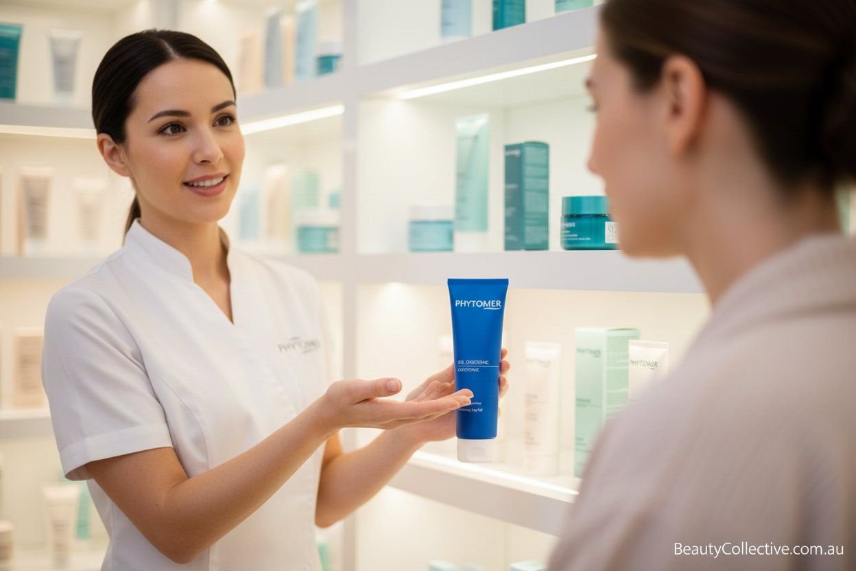 Woman receiving a skincare product from a pharmacist in a pharmacy setting.