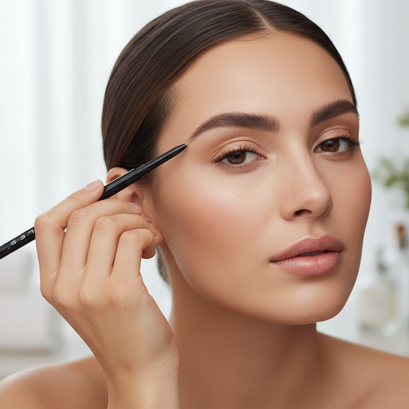 Woman applying makeup with ELES Precision Brow Pencil Illustration of a stylized brow on a white background - shade near her eye, blurred background