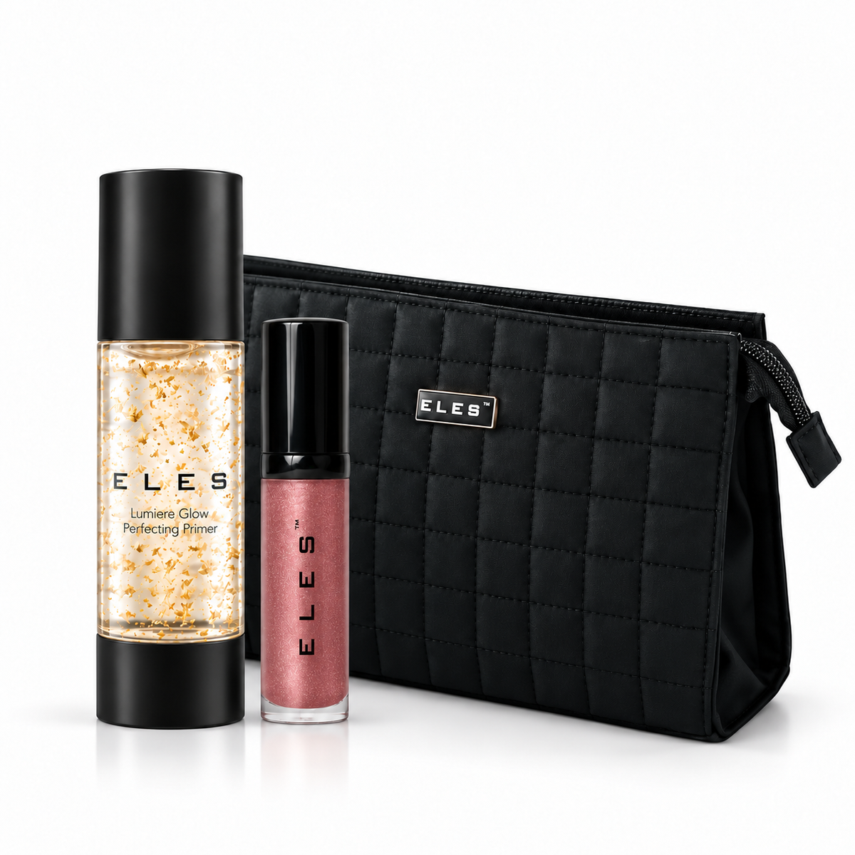 ELES Christmas pack with Lumiere Glow Perfecting Primer, Demure Colour Balm and black quilted cosmetics bag on a white background.