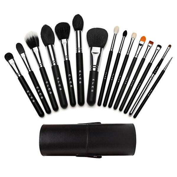 A collection of makeup brushes with black handles and synthetic bristles, displayed alongside a black leatherette holder.