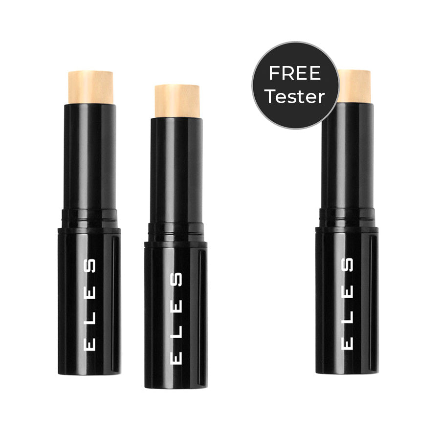 Three ELES cosmetic sticks on a white background with a 'FREE Tester' label.