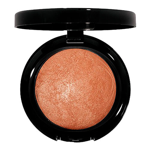 A compact baked bronzer powder with a pearl finish, displayed in an open black case.