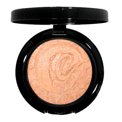 A compact baked finishing powder in a diffused light shade, housed in a black case with a transparent lid.