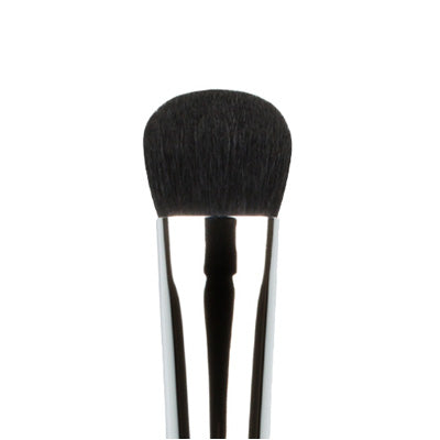 A flat, synthetic makeup brush with a silver handle and black bristles, designed for applying eye shadow.