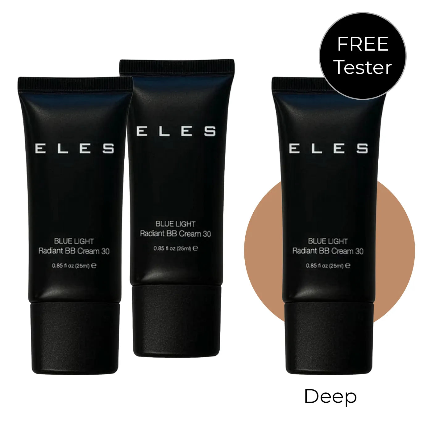 Three black tubes of ELES Blue Light Radiant BB Cream 30 with a color swatch on a white background.