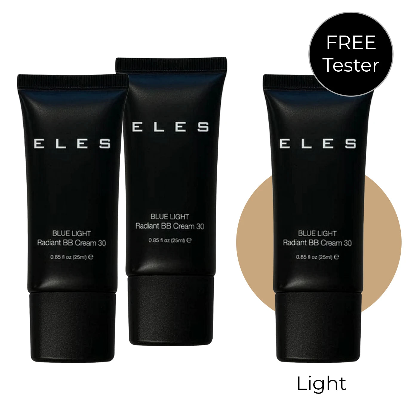 Three black tubes of ELES Blue Light Radiant BB Cream 30 with a color swatch on a white background.