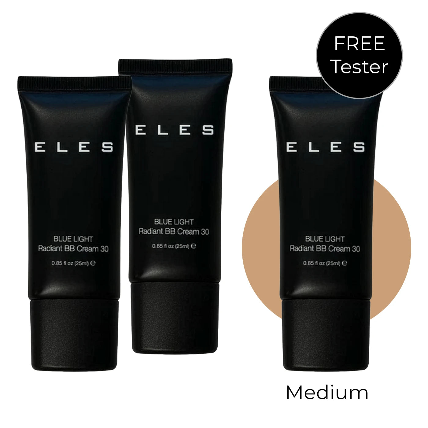 Three black tubes of ELES Blue Light Radiant BB Cream 30 with a color swatch on a white background.