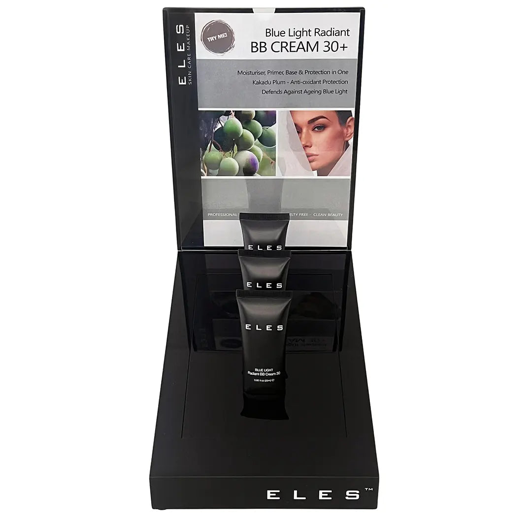 ELES Blue Light Radiant BB Cream display with packaging and product on a white background
