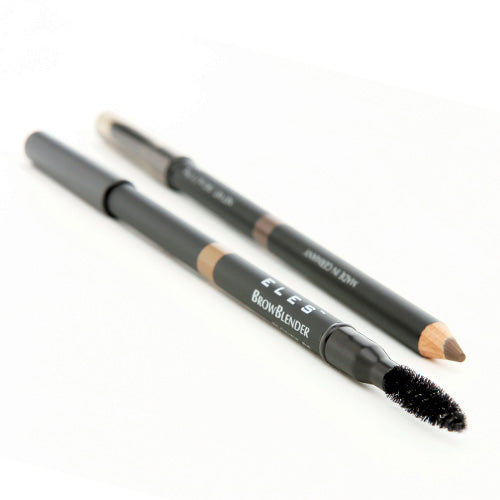 Two eyebrow blender pencils with brush tips, one with a brown color and the other with a lighter shade, placed against a white background.
