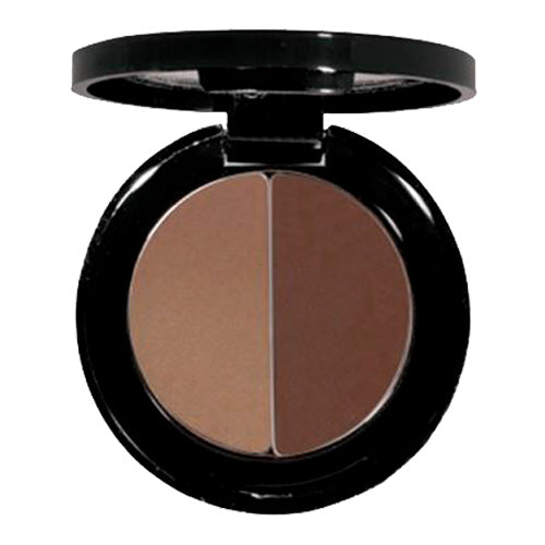 A compact container with two shades of brow powder, with a color-coordinated tinted wax, designed for filling in and shaping eyebrows.