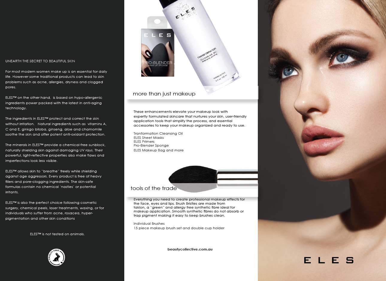 ELES makeup product packaging with a model's face on a dark background