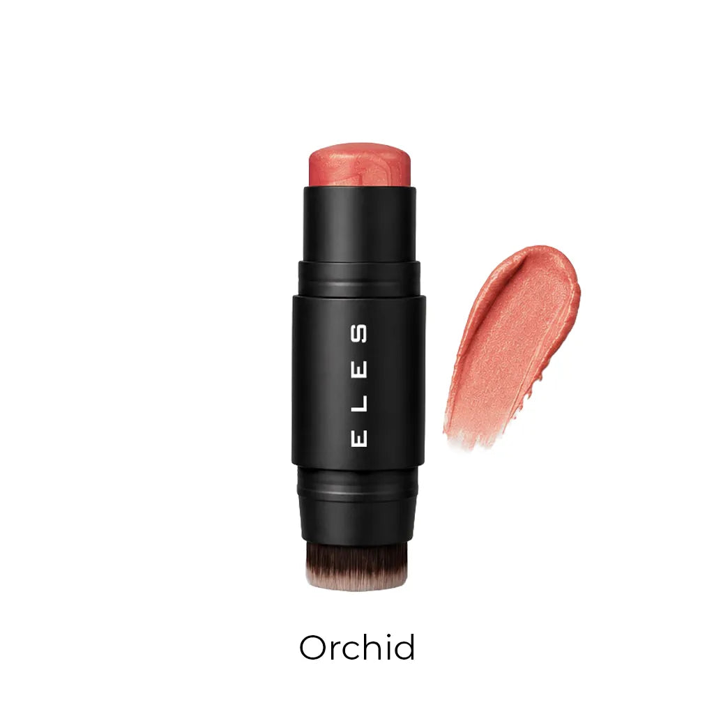 ELES cheek and lip cream in the shade Orchid, featuring a black dual-ended container with a peachy pink cosmetic stick and a matching swatch on a white background.