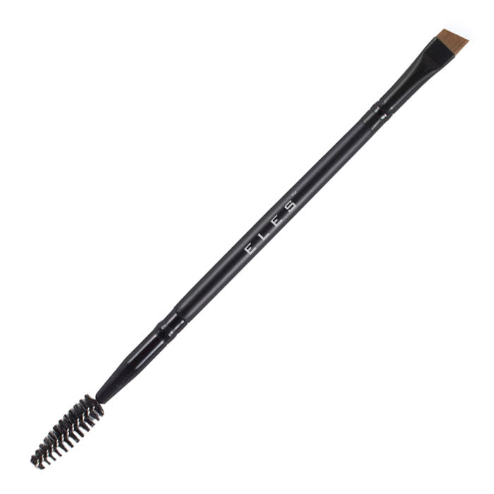 A dual-ended angled eyebrow brush with one end featuring short, stiff bristles for precise application and a custom spool brush for blending.