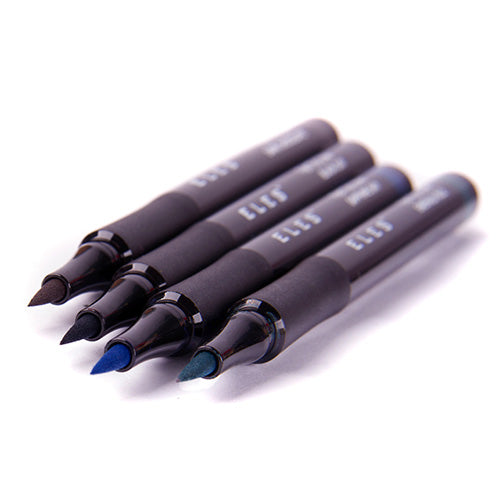 A collection of felt tip liners in various colors including black and blue, with fine tips visible.