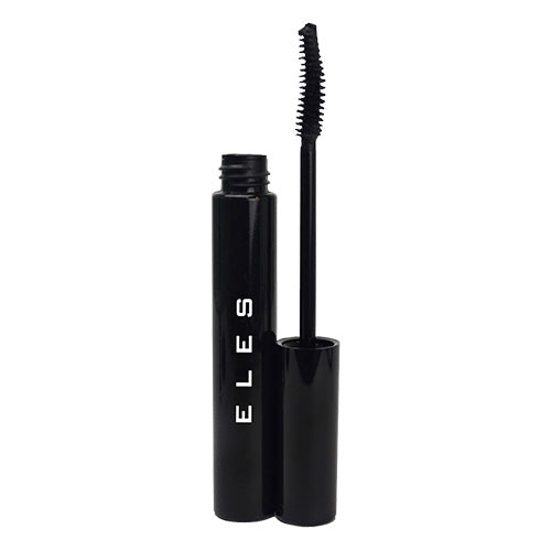 A black mascara tube with the brand name 'ELES' on it, alongside an open mascara wand with bristles coated with black mascara.