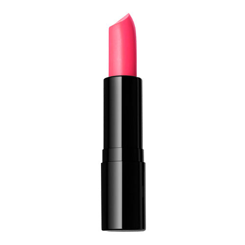 A bright pink matte lipstick in a black tube.