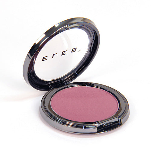 A mineral blush compact in a mixed berries shade, open with the product visible and a mirror on the left side, housed in a black case.