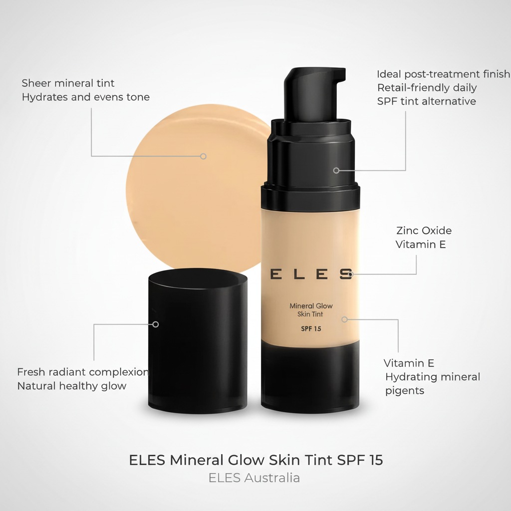 ELES Mineral Glow Skin Tint SPF 15 with product details on a light gray background