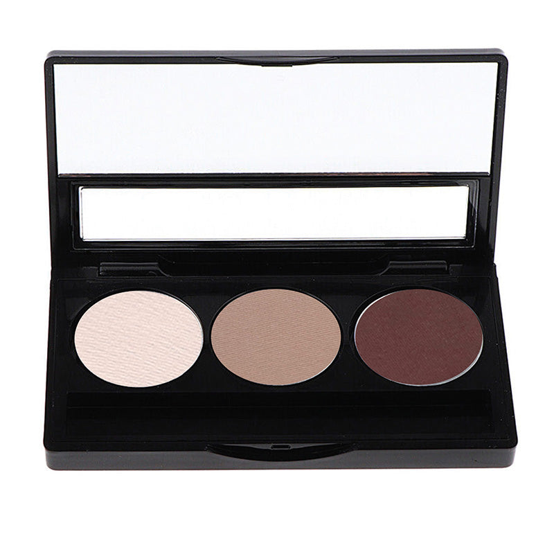 A compact eyeshadow palette with three shades of nude eyeshadow, arranged side by side.
