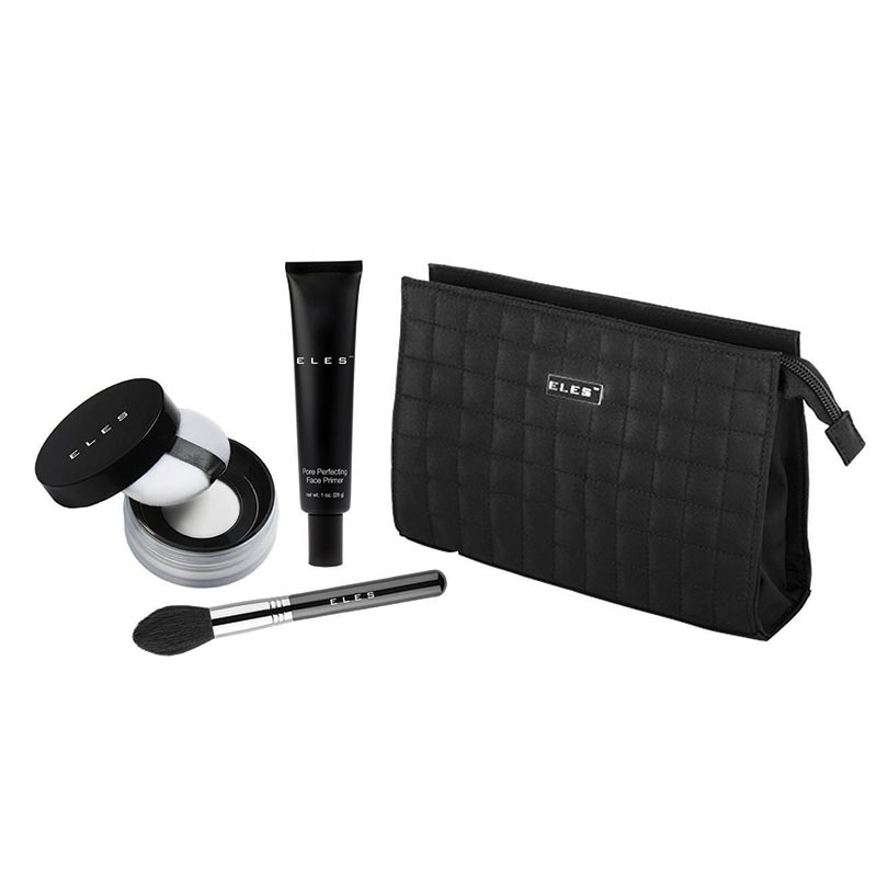 A set of skincare products including a face primer, translucent powder, and a tapered powder brush, all packaged in a black cosmetics bag.
