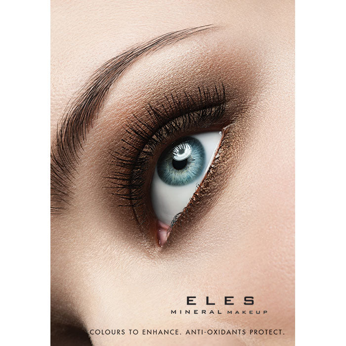 An advertisement for ELES mineral makeup, featuring a close-up of a human eye with makeup applied, including eyeliner and mascara.
