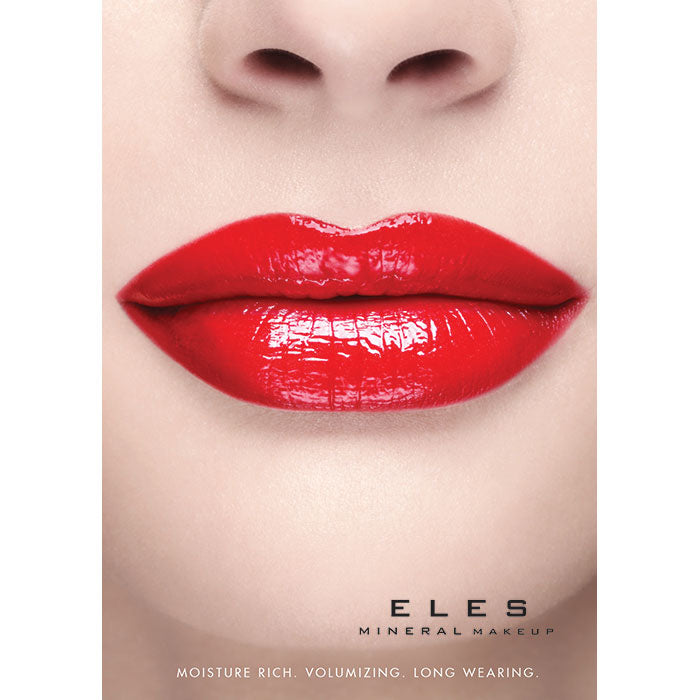 An advertisement for ELES mineral makeup featuring a close-up of red lipstick on lips with the brand name 'ELES' displayed below.