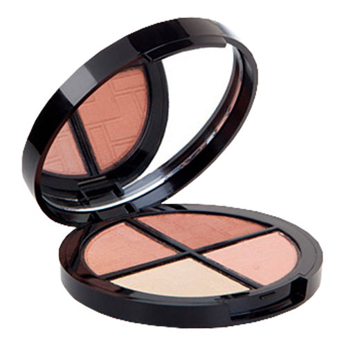 A compact makeup palette with four different shades of eyeshadow, ranging from bronze to cream colors, presented in an open compact with a mirror.