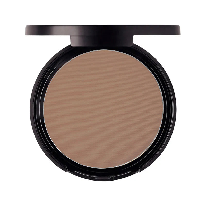Compact silk matte bronzer powder in a circular container with a black lid, showing a brown bronzing powder inside.