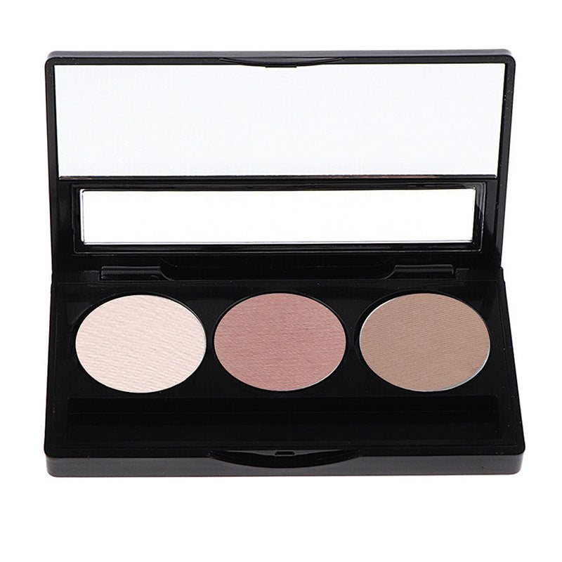 A eyeshadow palette with three soft neutral shades displayed in round pans, enclosed in a black case with a mirror.