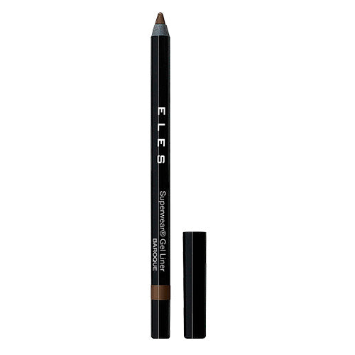 A brown colored eyeliner pencil with its cap removed, displayed against a white background.