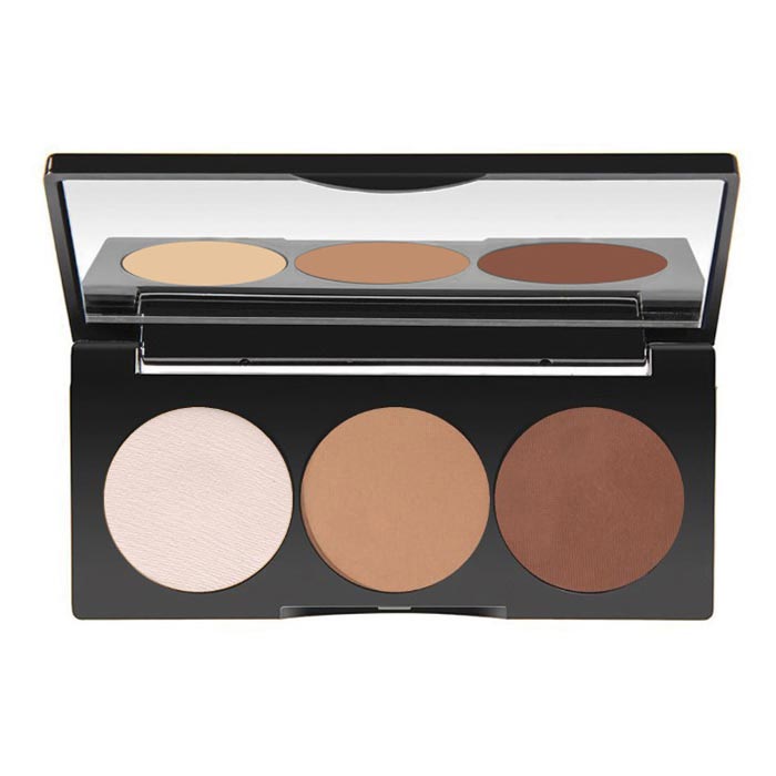 A eyeshadow trio palette with three shades: light beige, medium beige, and dark brown, labeled as Bashful Beige, Cool Clay, and Chestnut respectively.