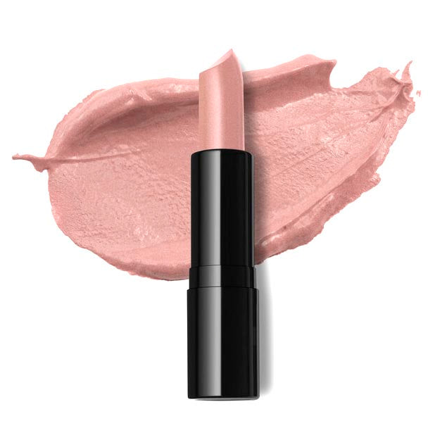 A swatch of pink lipstick alongside its black tube, demonstrating the color and texture of the product.