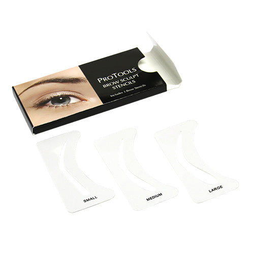 A package of reusable brow stencils with three different sizes labeled small, medium, and large, displayed alongside a pair of tweezers and an eye illustration showing the placement on the eyebrow area.