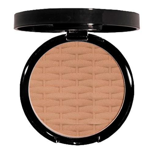 A compact mineral sheer bronzer powder with a geometric pattern texture, housed in a black case.