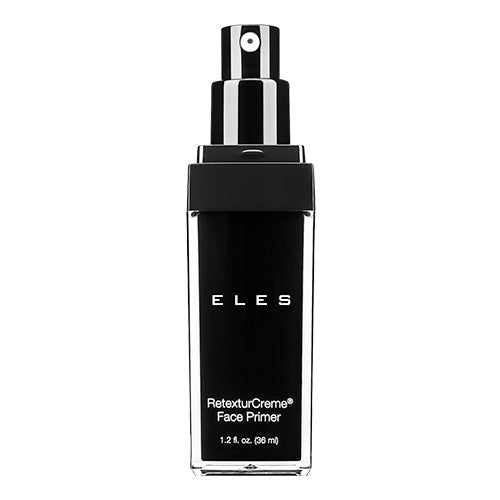 A black bottle with white label text that reads 'ELES Retexture Crème Face Primer' on a white background.