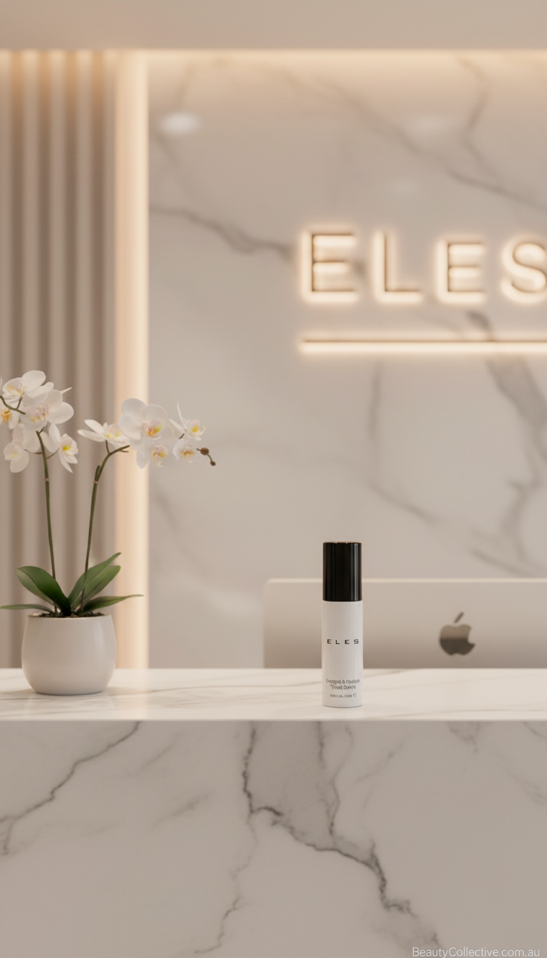 ELES skincare product on a marble surface with a blurred background