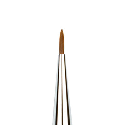 A close-up image of a small eyeliner brush with a pointed synthetic bristle and a silver metal handle.