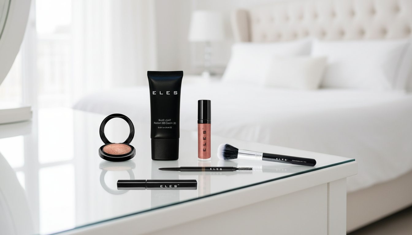 Makeup products on a glass table with a blurred background