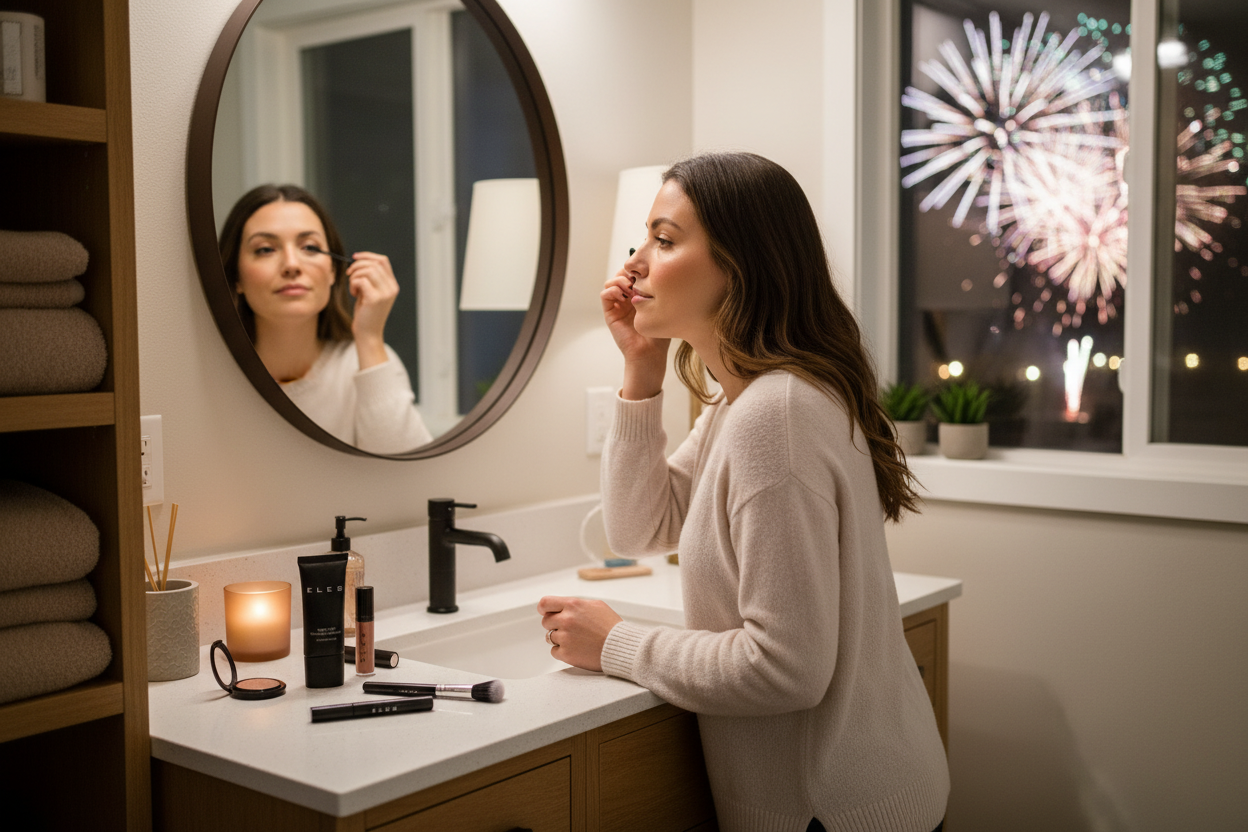 Woman applying makeup in a bathroom with fireworks visible through a window.