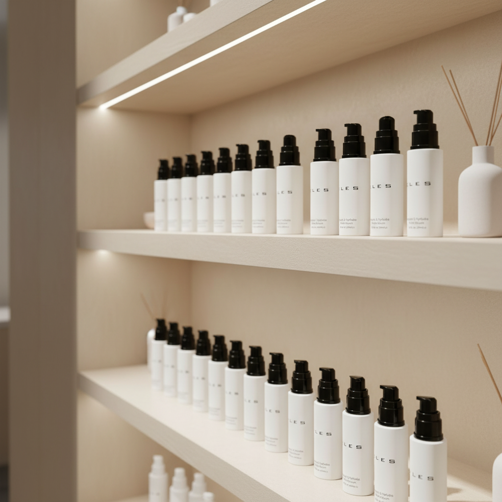 Shelves with white bottles and black caps in a minimalistic setting
