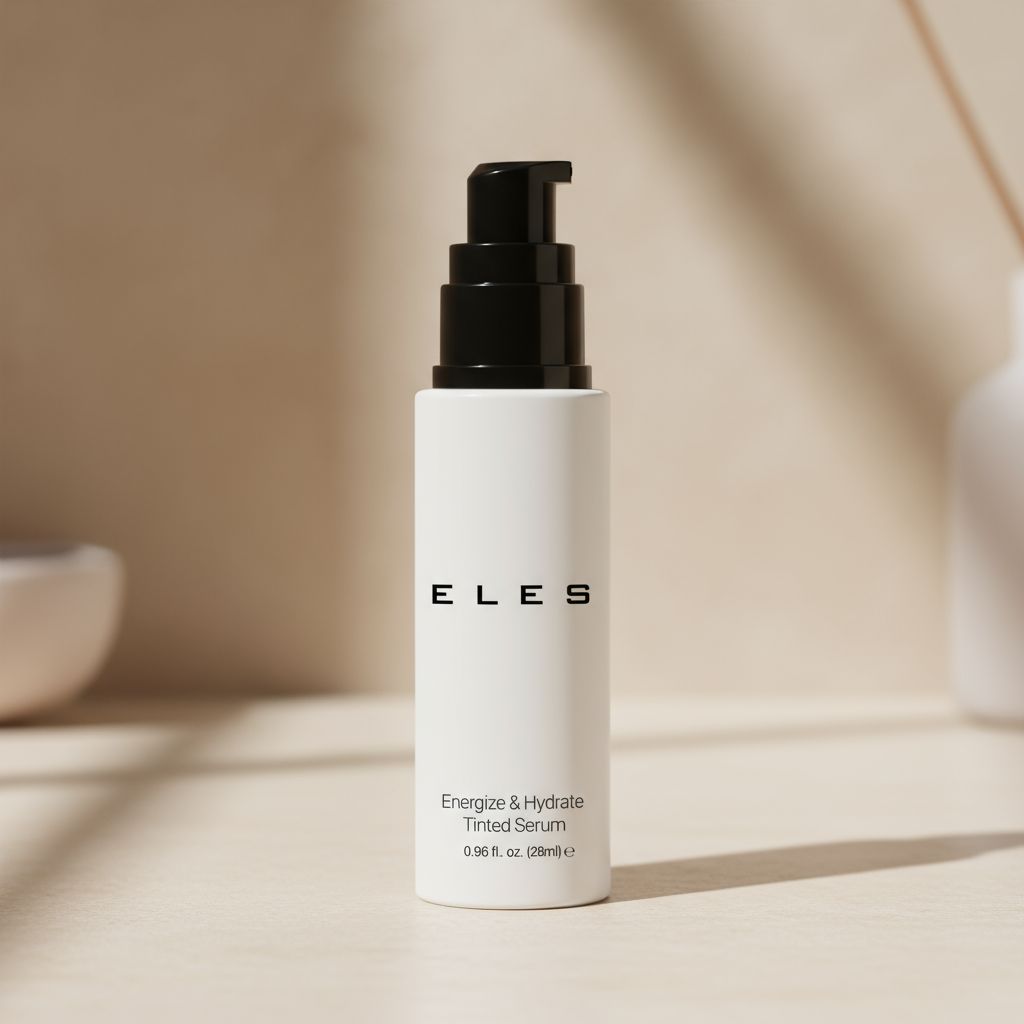 White serum bottle with black pump labeled 'ELES' on a beige background