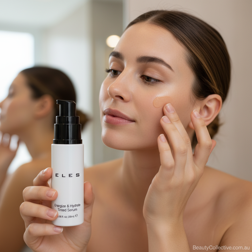 Woman applying skincare product to her face with a bottle labeled 'ELES' in the foreground.