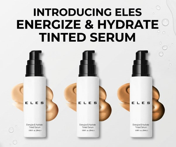 Three bottles of ELES Energize & Hydrate Tinted Serum on a light gray background with product swatches.