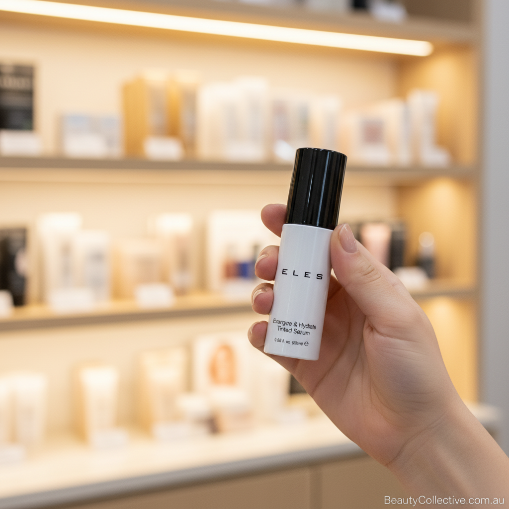 Hand holding a skincare serum with a blurred store shelf in the background