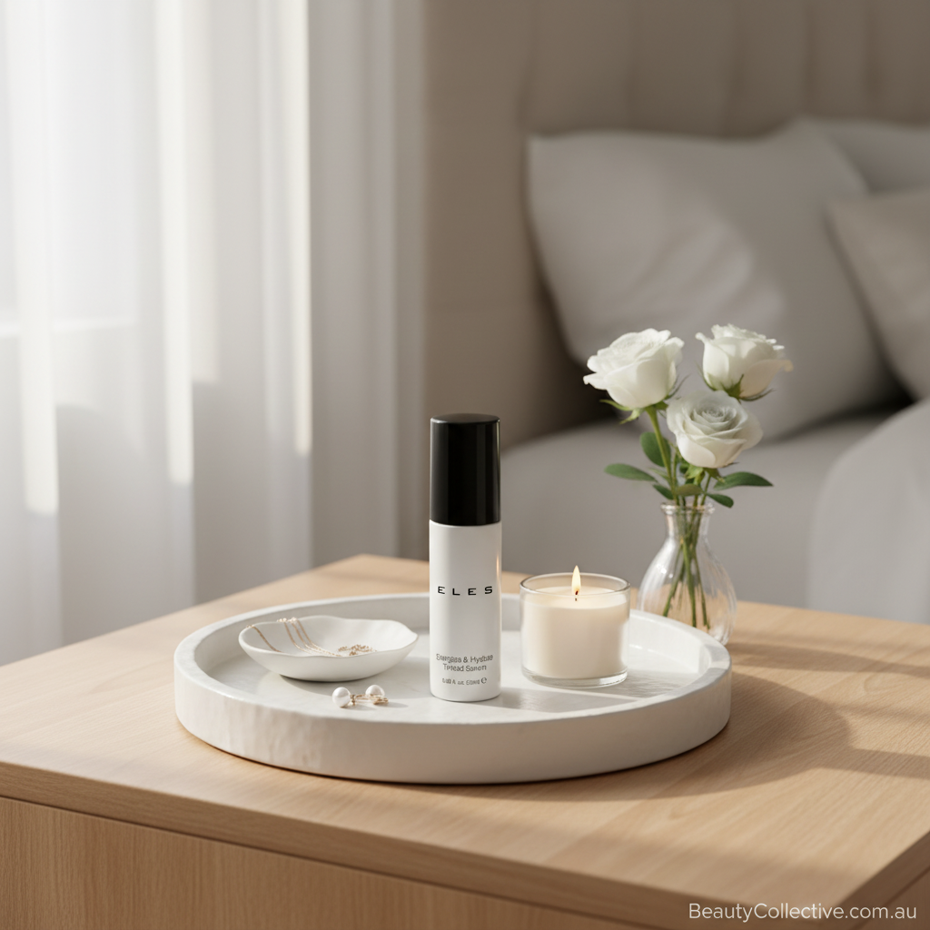 Tray with skincare products, a candle, and a vase of white flowers on a wooden surface.