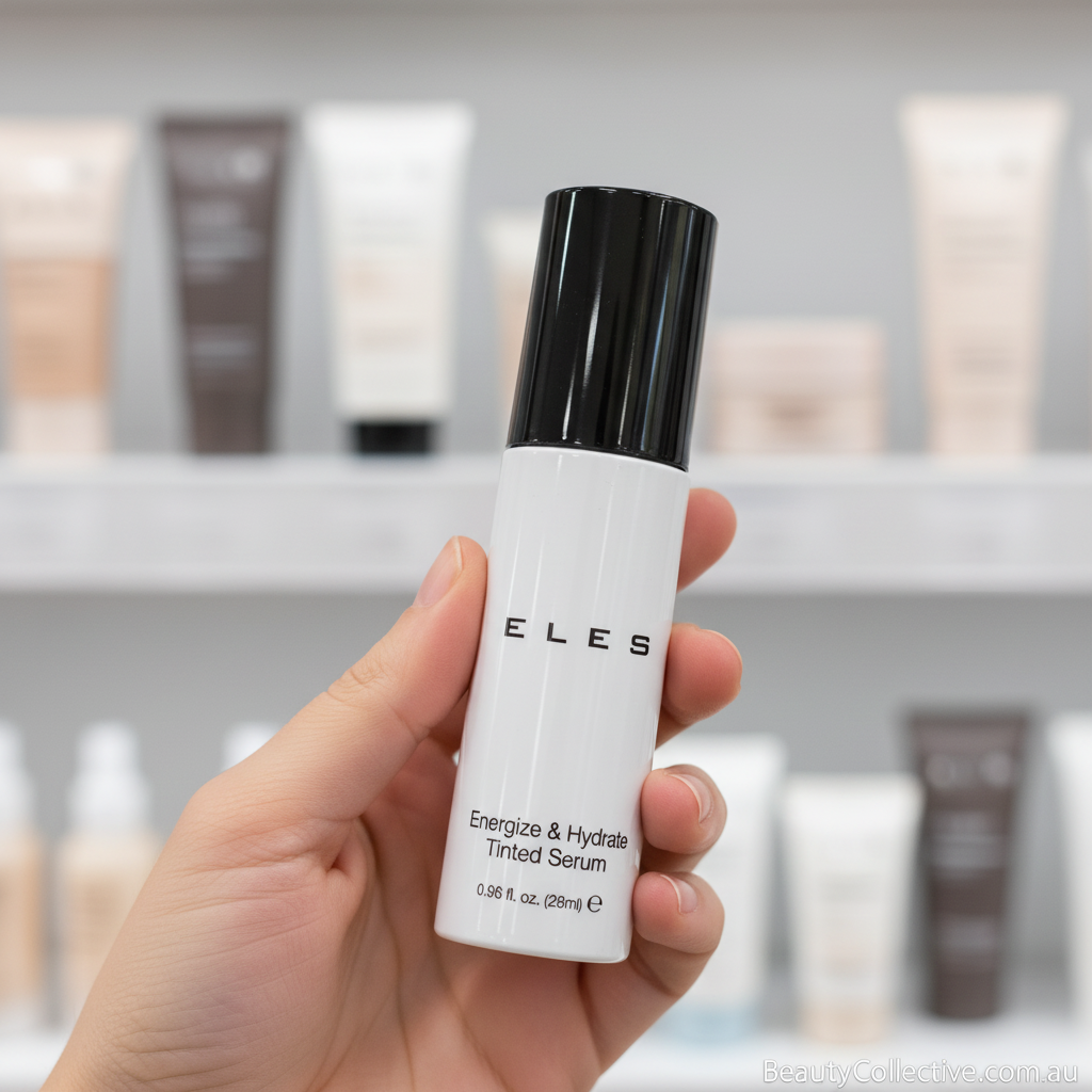 Hand holding a skincare serum bottle labeled 'ELES' with a blurred background of shelves.