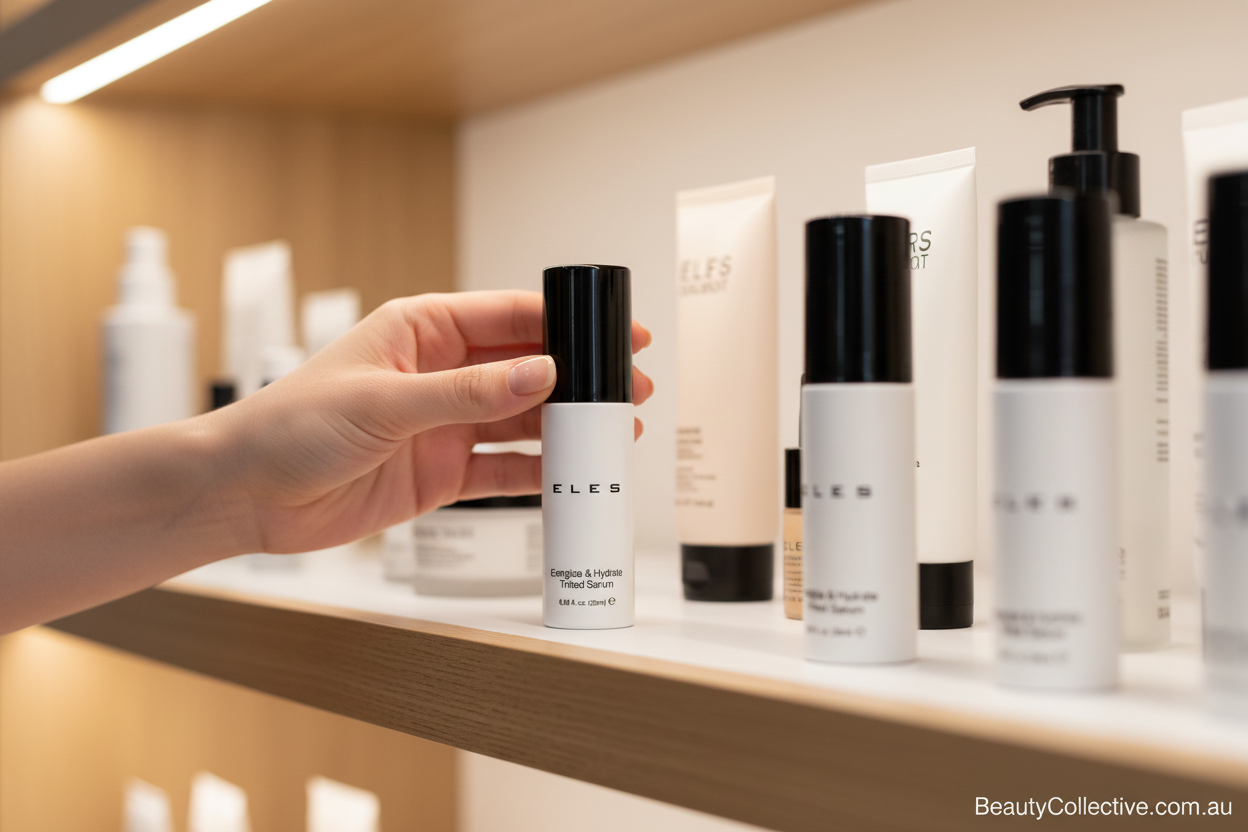 Hand selecting a skincare product from a shelf with 'ELES' branding.